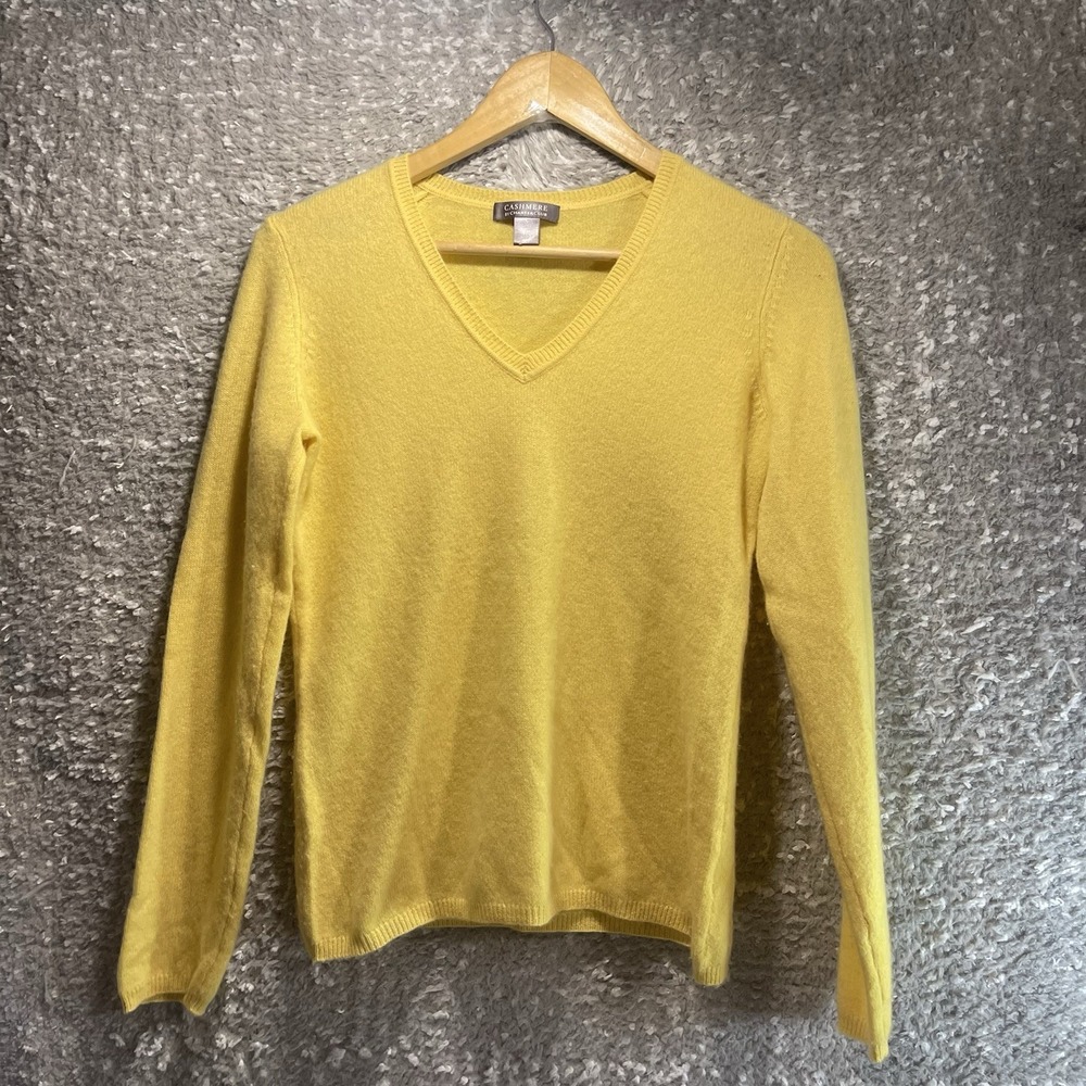 CHARTER CLUB 2-Ply CASHMERE Women V-Neck Yellow Sweater Academia Old Money S
